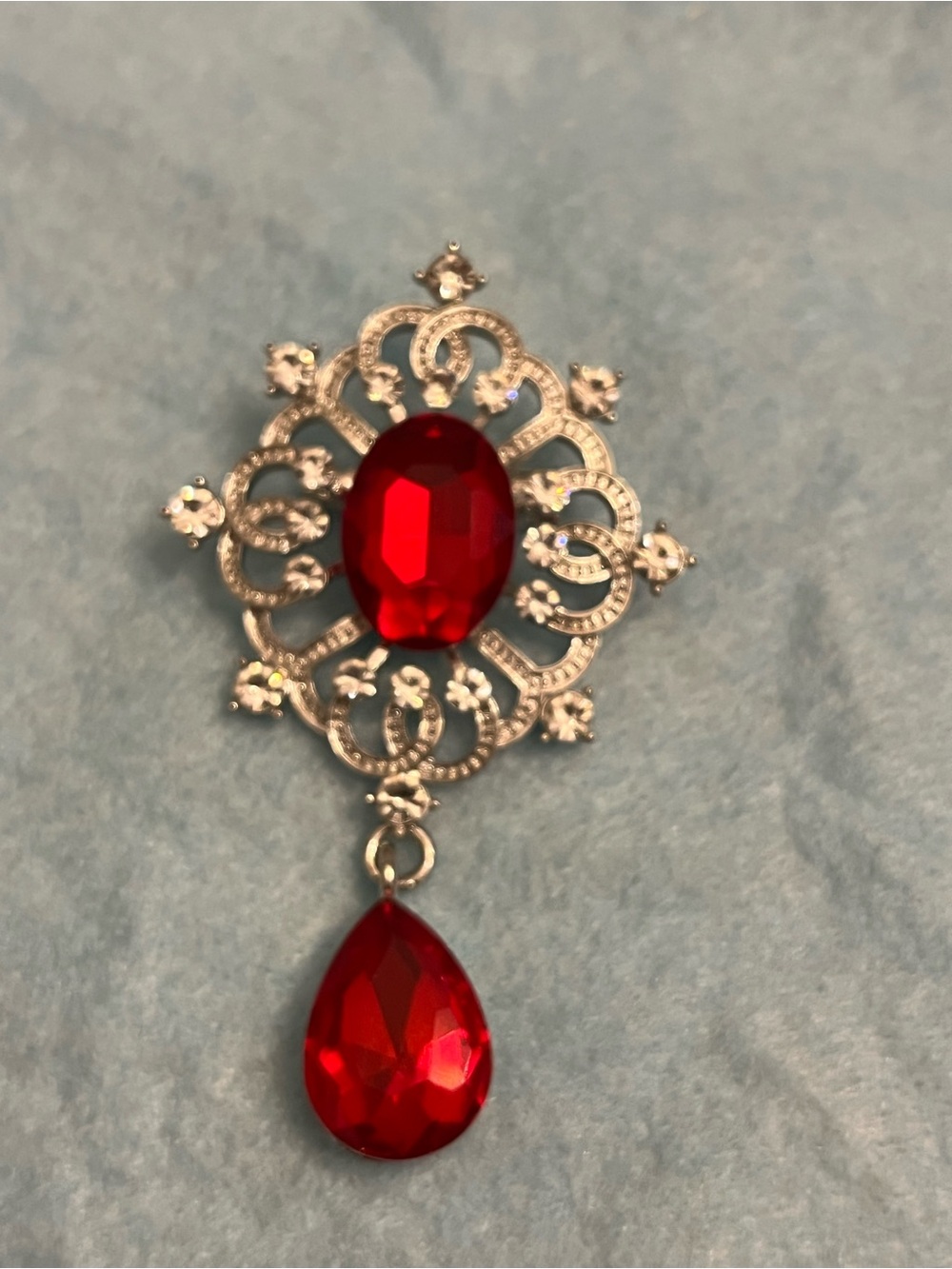Elegant Silver-Tone Red Ruby And Clear Rhinestones Filigree Brooch